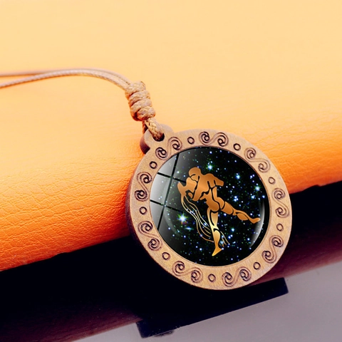 Vintage 12 Constellation Wood Pendant Necklace Starry Sky Glass Dome Galaxy Star Jewelry For Men Women Unisex Gift