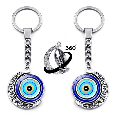 Porte-clés Turc Mauvais Oeil Lune Rotatif Pendentif Double Face Alliage Verre Nazar Amulette Bijoux Cadeau Unisexe
