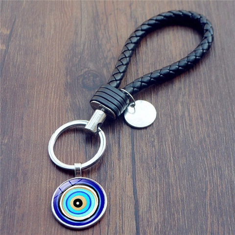 Turkish Blue Evil Eye Keychain Woven Leather Strap Protection Amulet Zinc Alloy Glass Charm Ethnic Vintage Key Ring Jewelry