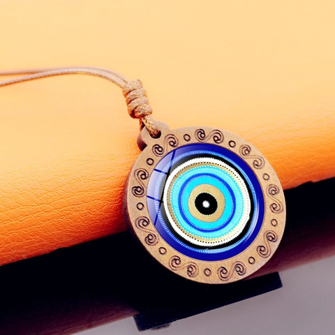 Vintage Wood Evil Eye Pendant Necklace Bohemian Turkish Nazar Amulet Jewelry With Glass Cabochon Brown Wax Cord For Women Men