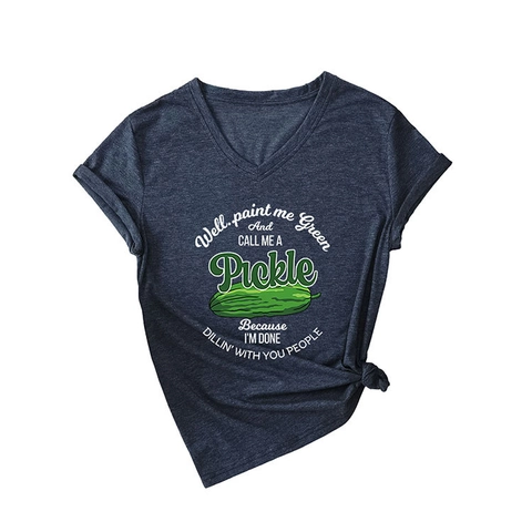 Damen V-Ausschnitt Kurzarm T-Shirt Lustiger Essiggurke Druck Zitat Baumwollmischung Casual Locker Sommer Grafik Tee Top