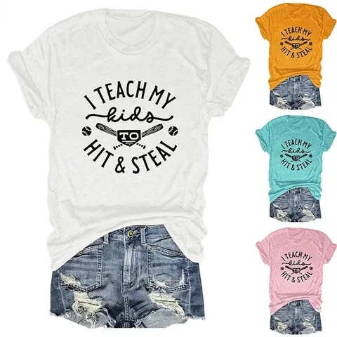Maglietta Donna Misto Cotone Maniche Corte Girocollo Morbida Casual Estate Stampa Baseball Slogan Umoristico Retrò
