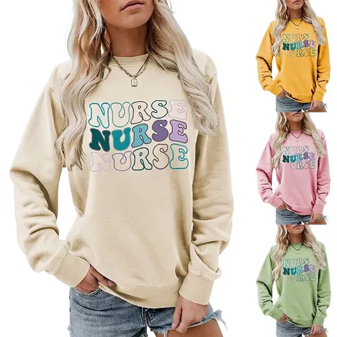 Damen Rundhals Sweatshirt Baumwollmischung Nurse Buchstabendruck Lässiges Langarm Vintage Grafik Pullover Top