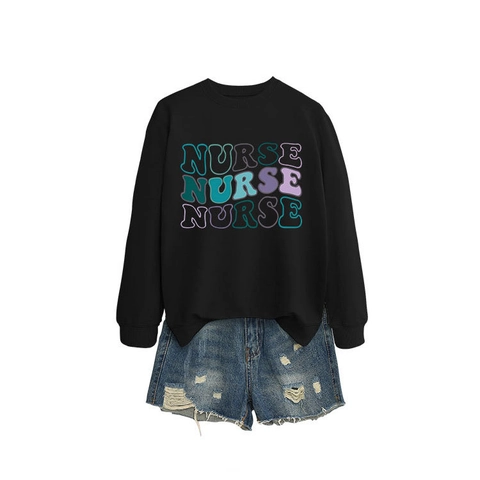 Damen Rundhals Sweatshirt Baumwollmischung Nurse Buchstabendruck Lässiges Langarm Vintage Grafik Pullover Top