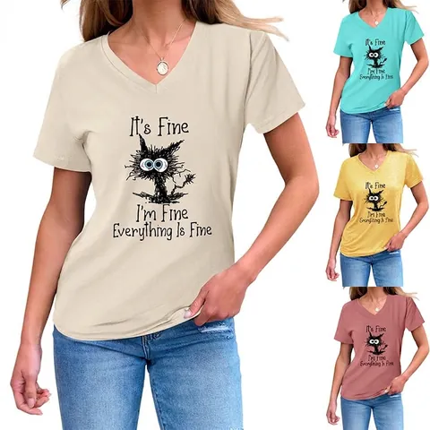 Γυναικείο Casual T-Shirt με Λαιμόκοψη V και Κοντό Μανίκι Μείγμα Βαμβακιού Γραφικό Γάτα Τύπωμα Γράμματα It's Fine Everything Is Fine