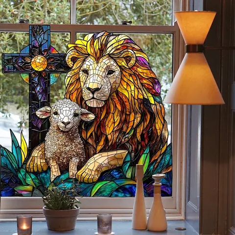 Adesivo Per Finestra Stile Vetrata Leone Agnello Croce Religiosa Mosaico Statico Biadesivo Traslucido Decorativo