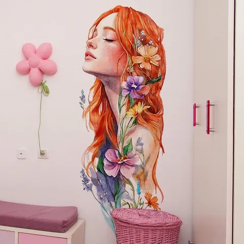 Watercolor Flower Girl PVC Wall Sticker Self Adhesive Removable Artistic Floral Portrait Decal For Living Room Bedroom Decor