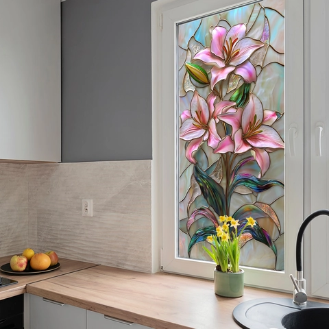 Vensterstickers PVC Glas In Lood Stijl Privacyfolie Decoratief Bloemen Roos Lelie Zonnebloem Statische Kleefkracht Vintage