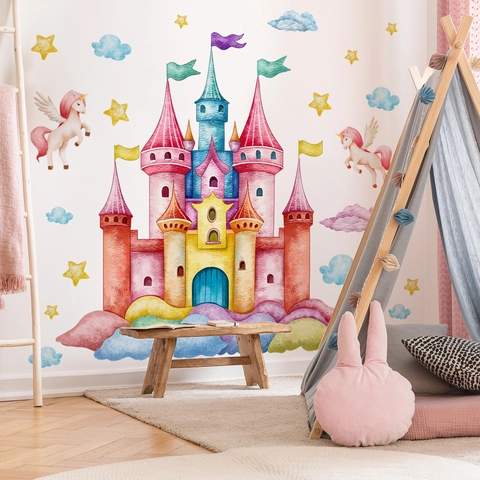 Adesivo da Parete Acquerello Castello Arcobaleno Unicorno PVC Rimovibile Adesivo Murale Onirico per Cameretta dei Bambini