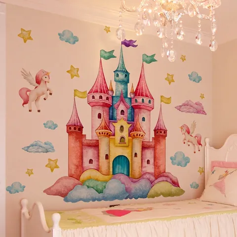 Adesivo da Parete Acquerello Castello Arcobaleno Unicorno PVC Rimovibile Adesivo Murale Onirico per Cameretta dei Bambini