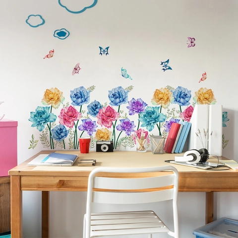 Watercolor Peony Flower Wall Stickers With Butterflies Removable PVC Floral Decals For Living Room Bedroom Bathroom Decor