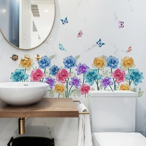 Watercolor Peony Flower Wall Stickers With Butterflies Removable PVC Floral Decals For Living Room Bedroom Bathroom Decor