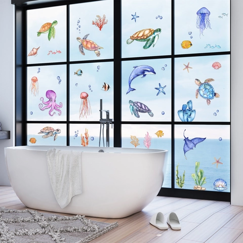 Stickers Muraux Vie Océanique Aquarelle Tortue De Mer Dauphin Méduse PVC Imperméable Autocollant Décoration Chambre Enfant Salle De Bain