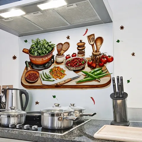 Watercolor Kitchen Utensils Vegetables Wall Stickers PVC Waterproof Removable Home Decoration Art Decals Modern Hand Painted Style
