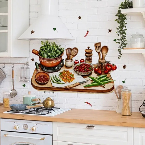 Watercolor Kitchen Utensils Vegetables Wall Stickers PVC Waterproof Removable Home Decoration Art Decals Modern Hand Painted Style