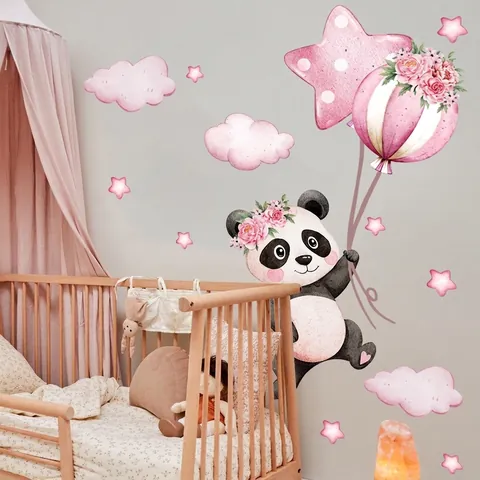 Autocollants Muraux Panda Dessin Animé Ballons Roses Étoiles Nuages PVC Auto-adhésif Imperméable Décor Chambre Enfant