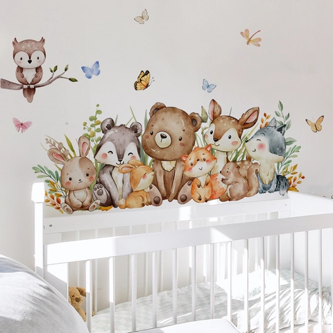 Stickers Muraux Animaux De La Forêt Dessin Animé PVC Auto-Adhésif Amovible Aquarelle Peint À La Main Pour Chambre D'Enfant