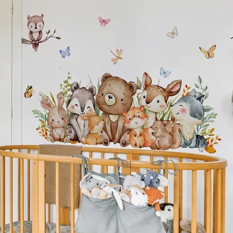 Stickers Muraux Animaux De La Forêt Dessin Animé PVC Auto-Adhésif Amovible Aquarelle Peint À La Main Pour Chambre D'Enfant
