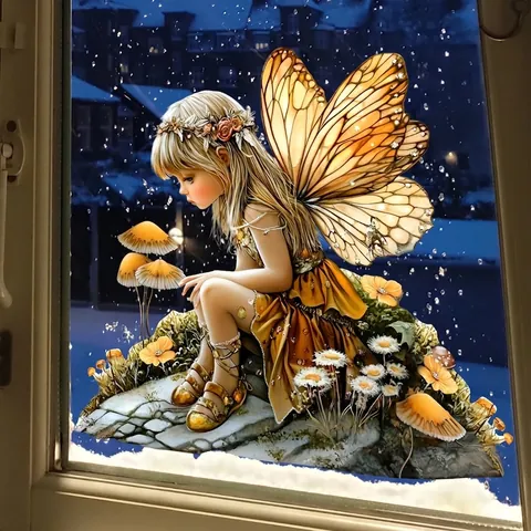 Fairy Window Cling Static Sticker Double Sided Butterfly Fairy Mushroom Decorative Decal For Glass Window Living Room