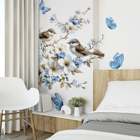 Stickers Muraux Fleurs Bleues Oiseaux Papillons PVC Imperméable Autocollant Amovible Décoration Salon Chambre