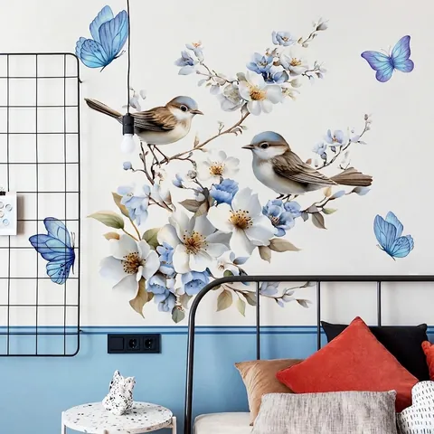 Stickers Muraux Fleurs Bleues Oiseaux Papillons PVC Imperméable Autocollant Amovible Décoration Salon Chambre