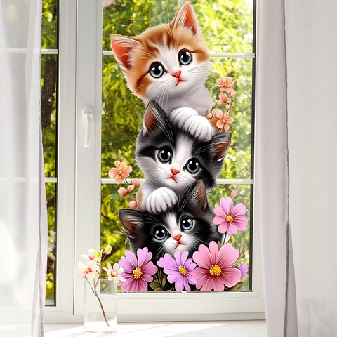 Cute Cartoon Cat Flower Static Window Sticker PVC Double Sided Removable Glass Decal For Home Decor