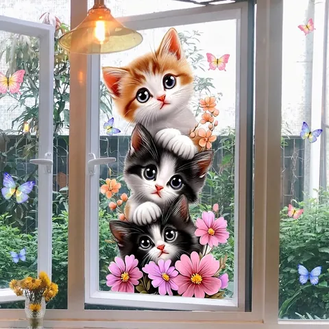 Cute Cartoon Cat Flower Static Window Sticker PVC Double Sided Removable Glass Decal For Home Decor