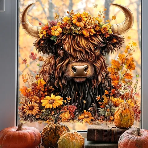 Pegatina De Ventana De Otoño Vaca De Las Tierras Altas Con Corona Floral De Girasoles Y Hojas De Arce
