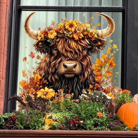 Pegatina De Ventana De Otoño Vaca De Las Tierras Altas Con Corona Floral De Girasoles Y Hojas De Arce