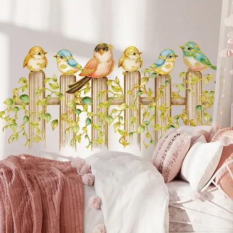 Muurstickers Kleurrijke Vogels Houten Hek PVC Waterdicht Verwijderbaar Goudstempel Decoratie Voor Kinderkamer