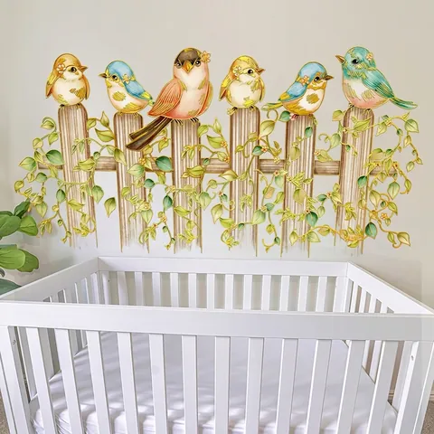 Muurstickers Kleurrijke Vogels Houten Hek PVC Waterdicht Verwijderbaar Goudstempel Decoratie Voor Kinderkamer