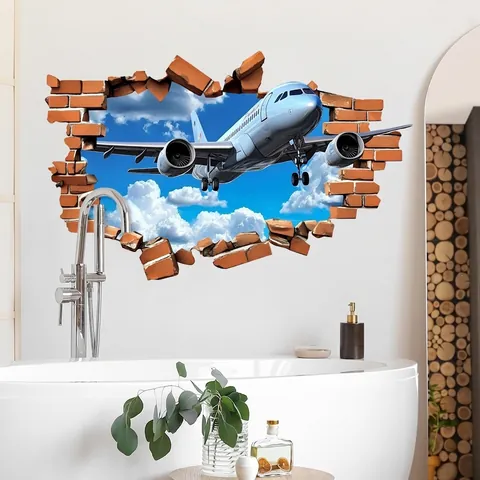 3D Vliegtuig Muursticker PVC Waterdicht Zelfklevend Creatieve Gebroken Muur Blauwe Lucht Muurschildering Voor Woonkamer