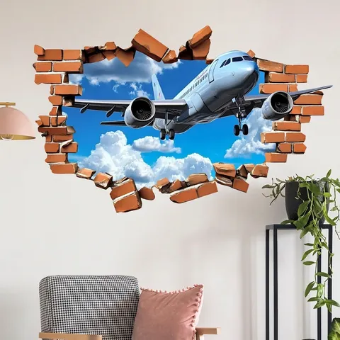 3D Vliegtuig Muursticker PVC Waterdicht Zelfklevend Creatieve Gebroken Muur Blauwe Lucht Muurschildering Voor Woonkamer
