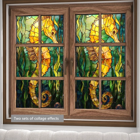 Buntglas Fensterfolie Jugendstil Mucha Stil Frau Ozean Seepferdchen Hai Qualle PVC Statisch Haftend Sichtschutz Aufkleber Dekor