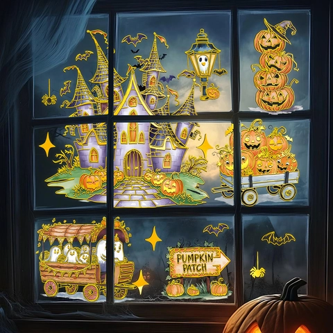 Halloween Ghost Castle Pumpkin Window Stickers Static Cling PVC Decals For Home Festive Background Decoration