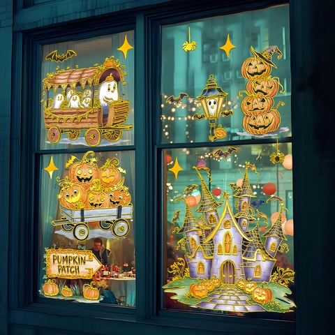 Halloween Ghost Castle Pumpkin Window Stickers Static Cling PVC Decals For Home Festive Background Decoration