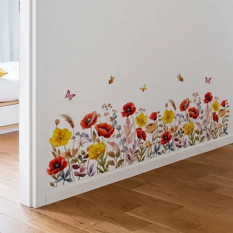 Hand Painted Watercolor Poppy Flower And Butterfly Wall Stickers Self Adhesive Vinyl Wall Decals For Home Living Room Bedroom Decor