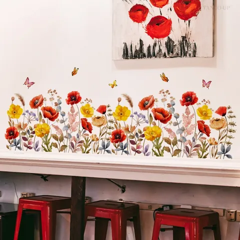 Hand Painted Watercolor Poppy Flower And Butterfly Wall Stickers Self Adhesive Vinyl Wall Decals For Home Living Room Bedroom Decor