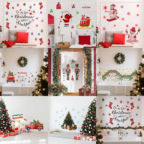 Christmas Wall Stickers PVC Removable DIY Festive Decals For Home Living Room Bedroom Window Glass Decor Snowman Santa