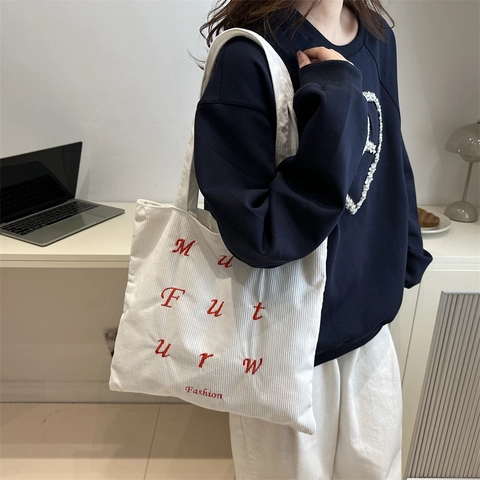 Borsa Tote In Velluto A Coste Da Donna Grande Capacità Borsa A Spalla Con Ricamo Di Lettere Per Studenti Scuola