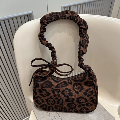 Borsa Tracolla Leopardata Donna Cinturino Arricciato Borsa Sottobraccio Fiocco Pelle PU Borsa Raviolo Pendolarismo Quotidiano