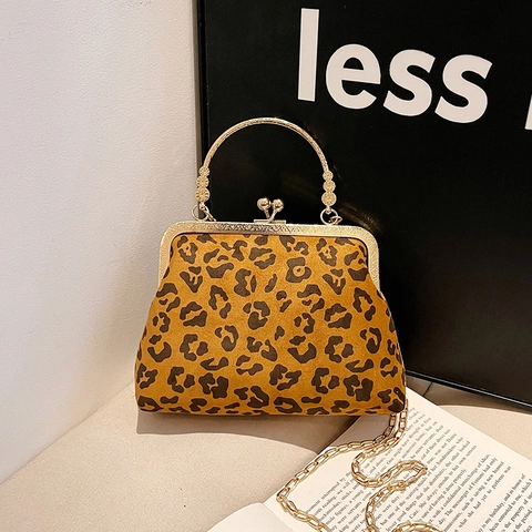 Damen Vintage Leopardenmuster Handtasche Mit Gold Metall Bügelverschluss Kette Retro Wildleder Umhängetasche Abendtasche