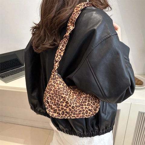 Bolso Hobo De Tela Con Estampado De Leopardo Moda Correa Fruncida Bolso De Axila Media Luna Retro Mujeres