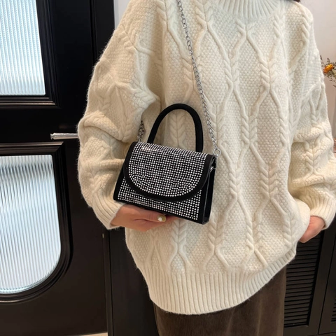 Rhinestone PU Leather Crossbody Bag For Women With Chain Strap And Handle Elegant Evening Party Handbag Mini Square Bag
