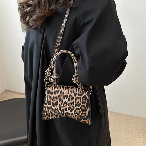 Borsa A Mano Leopardata Da Donna Borsa A Tracolla In Pelle PU Vintage Con Manico A Nodo E Fondo Curvo Alla Moda