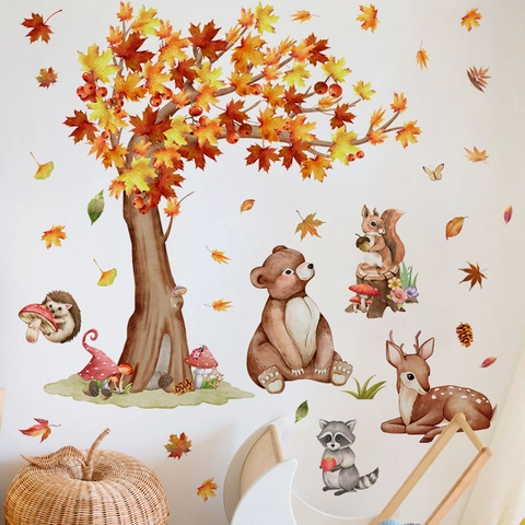 Autumn Forest Animal Wall Stickers PVC Waterproof Removable Maple Tree Deer Bear Watercolor Nursery Kids Bedroom Home Decor