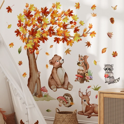 Autumn Forest Animal Wall Stickers PVC Waterproof Removable Maple Tree Deer Bear Watercolor Nursery Kids Bedroom Home Decor