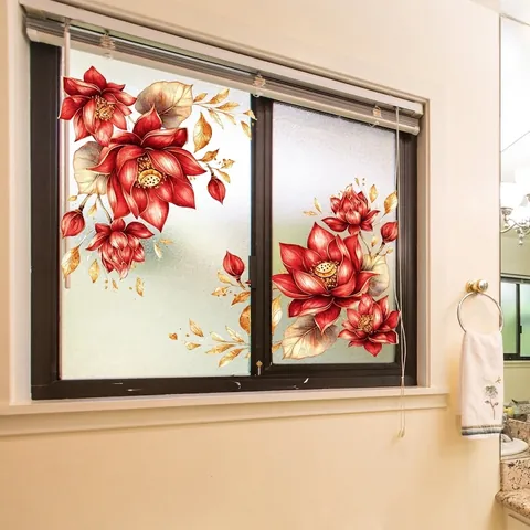 Red Lotus Flower Wall Stickers PVC Double Sided Visible Window Decals Self Adhesive Waterproof Glass Film For Home
