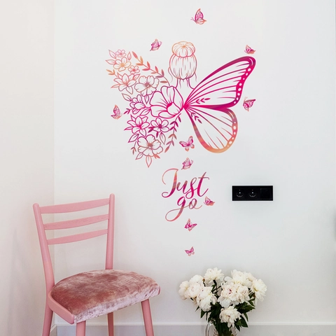 Schmetterling Mädchen Blume Wandtattoo PVC Künstlerisch Verlauf Schmetterlingsflügel Wandaufkleber Just Go Zitat Dekor Für Schlafzimmer Wohnzimmer Damen Wandkunst