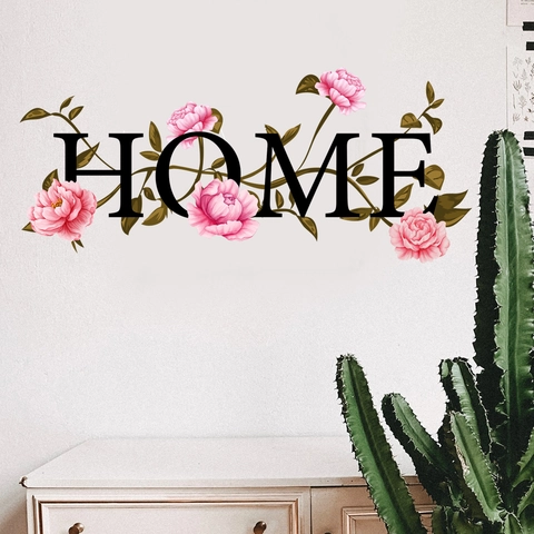 Floral HOME Letters Wall Sticker PVC Waterproof Peony Flower Vines Art Decal For Living Room Bedroom Bathroom Home Decor